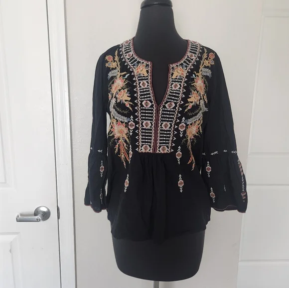 Johnny Was | Tops | Johnny Was Black And Gold Tunic With Bell Sleeves |  Poshmark